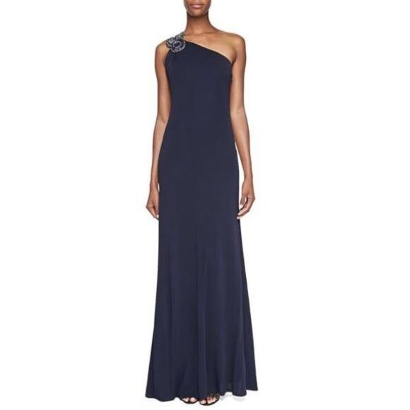David Meister Gown Dress Women's 6 Blue One Shoulder Rhinestones Beaded Strap - Picture 1 of 12